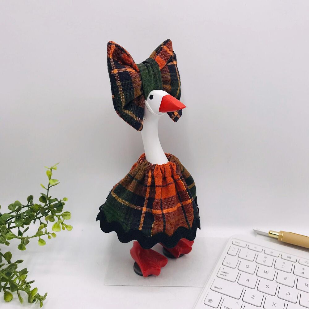 Desk Goose Dress & Bow Outfit For 7" Goose Handmade Fall Orange Black Plaid